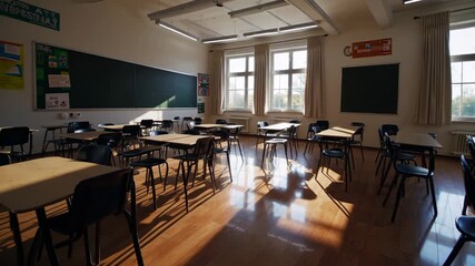 Wide-angle shot of an empty classroom with sunlight streaming through windows, capturing a serene educational setting, ideal for a school-themed video.