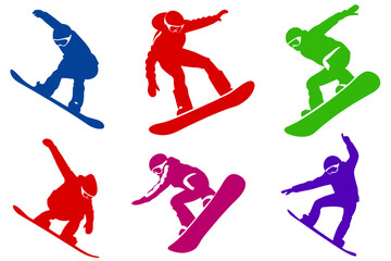 Snowboarder action silhouette isolated on white background