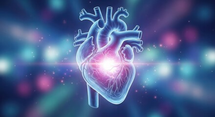 Human heart anatomy glowing with light effect on blue background