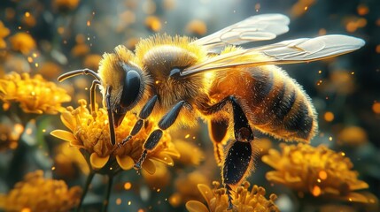 A close-up of a bee collecting pollen on a vibrant yellow flower with soft light