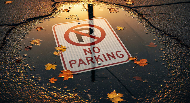 No Parking Sign Reflected in Puddle on Cracked Autumn Asphalt
A close-up, low-angle shot of a "No Parking" sign partially submerged and reflected in a large puddle of water on a cracked asphalt surfac - Powered by Adobe