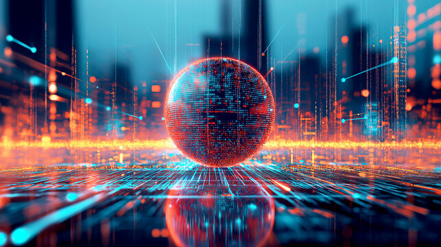 Digital earth sphere glowing in front of a futuristic cityscape, symbolizing global communication and quantum computing. - Powered by Adobe