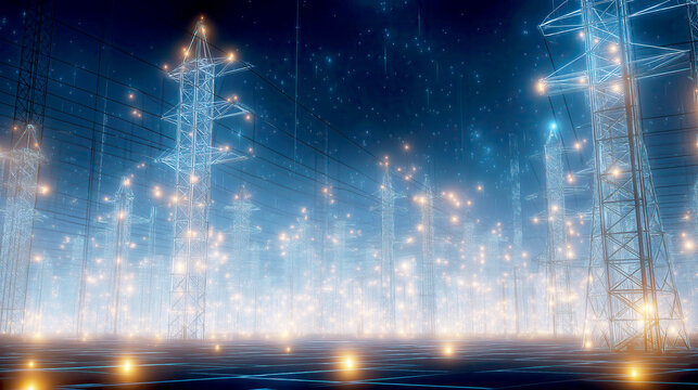 Blue Neon Digital Grid and Glowing Electrical Power Towers