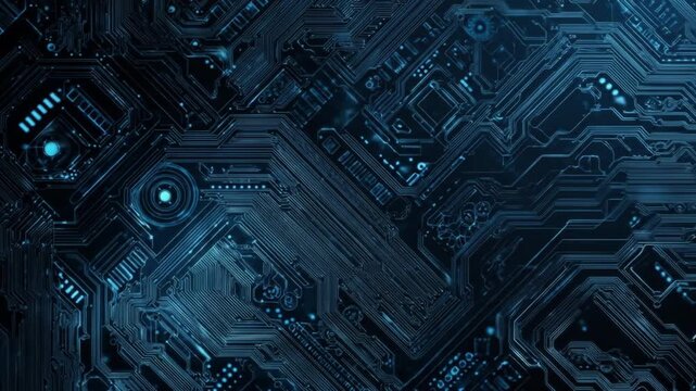 Abstract circuit board close up with glowing blue details and futuristic design