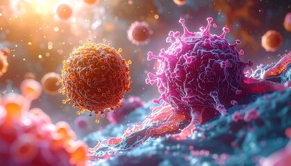 The image shows a microscopic view of cells, possibly dendritic cells or macrophages, with viral-like