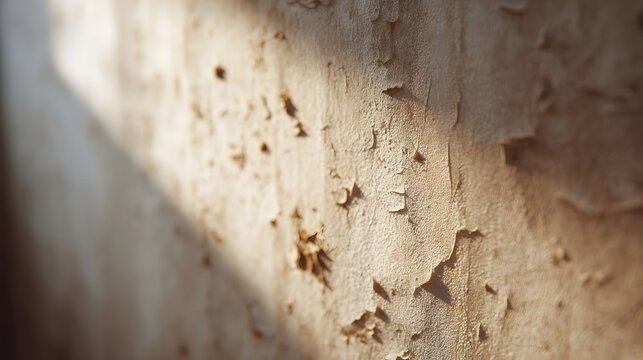 A textured wall with peeling paint illuminated by soft natural light casting subtle shadows on its aged surface