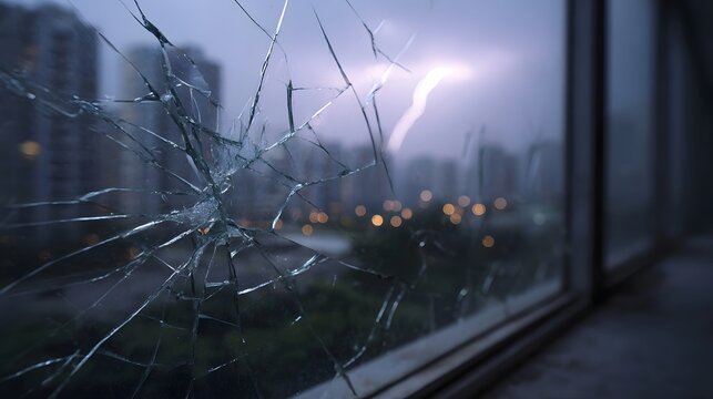A shattered window pane offers a dramatic view of a city skyline during a lightning storm at dusk