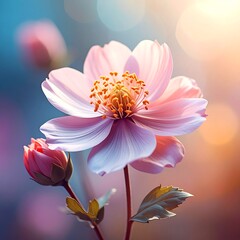 Obraz premium Delicate Pink Cosmos Flower with Bud in Soft Light.