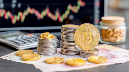 Gold Bitcoin cryptocurrency standing on stacks of coins with a stock market graph on a background screen.
