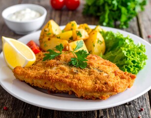 Crispy Chicken Schnitzel with Lemon and Potatoes - A Delicious Meal.