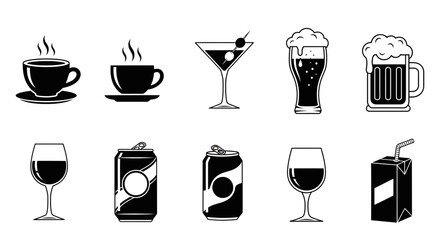 Variety of Drinks Black and White Illustration Beverages and Cocktail Menu Graphics