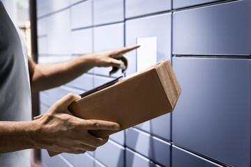 Delivery locker. Package and parcel post service. Courier office. Pick up or return product to mailbox. Man collect mail from smart postal automat with phone. Shipping scam.