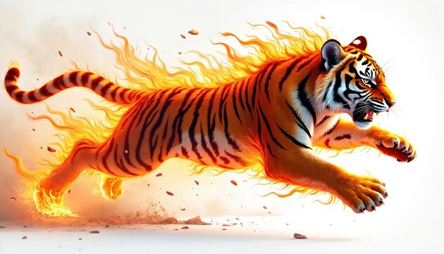Fiery tiger cub leaps with flames engulfing its body. This powerful creature embodies intense energy and speed. Its dynamic motion suggests fierce power and primal spirit.