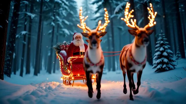 Santa Claus riding his magic sleigh with reindeer through a snowy winter forest at night. A classic Christmas fairytale journey. 4K video animation. 