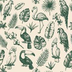 Elegant hand-drawn seamless pattern of exotic birds and tropical foliage in vintage style. Perfect for textile prints, wallpaper, and botanical design projects.