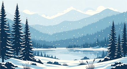 Monochromatic blue vector art of a tranquil winter scene with snowy forest and distant layered mountains.