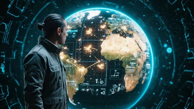 Man explores holographic globe interface. Earth map rotates with data and network links. Hologram displays real time technology analytics. Man points to strategic region on globe. Future tech hub.