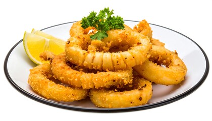 Crispy Fried Calamari Rings with Lemon and Parsley Garnish.