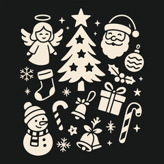 Playful hand-drawn Christmas icons including Santa, tree, and gifts. Perfect for holiday cards, posters, and festive designs.
