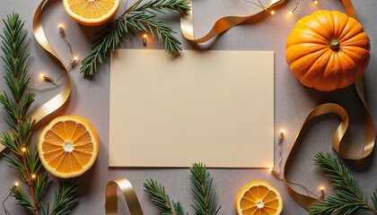 Blank beige card with pumpkin, oranges, pine branches, and golden ribbon on gray surface, festive seasonal mix