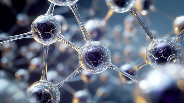 Detailed 3D rendering of a clear molecular structure with dark purple glowing cores, representing medical science or nanotechnology.