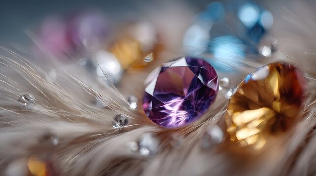 Assorted faceted gemstones in vibrant colors including purple and yellow rest on soft fluffy fibers with small sparkling crystals