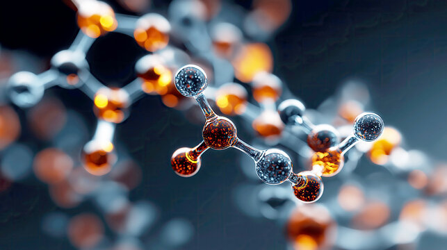 3D render of a complex molecular structure with glowing orange and dark blue atoms, representing chemistry and biotechnology.