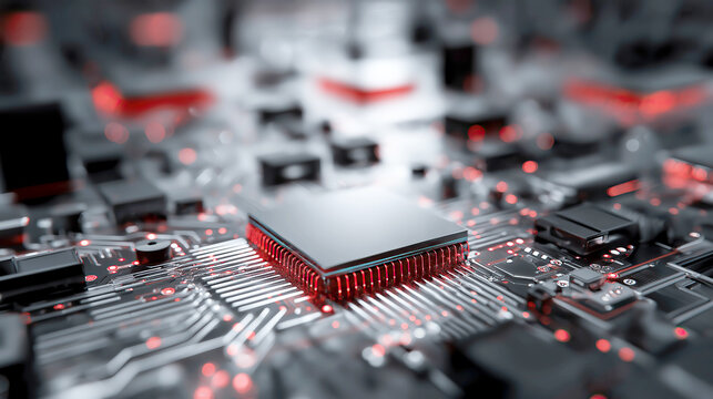 Futuristic microchip with bright red light emitting from the pins, set on a dark electronic circuit board, symbolizing speed and power.