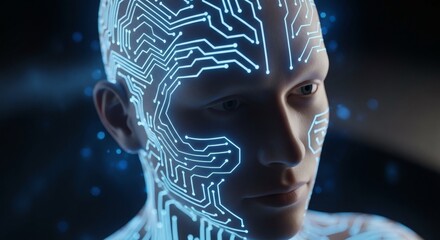 Artificial Intelligence: Humanoid Head With Glowing Circuitry Design