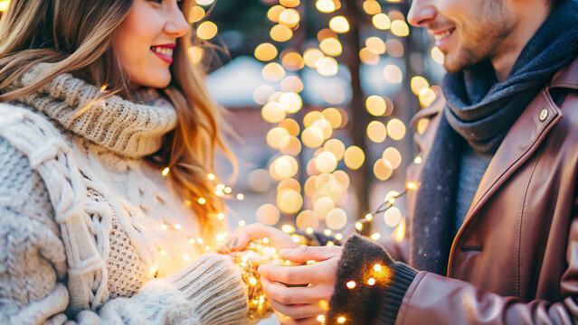 Close-up of a young caucasian couple holding hands, cozy winter clothing, golden New Year lights bokeh around them, intimate and joyful mood.