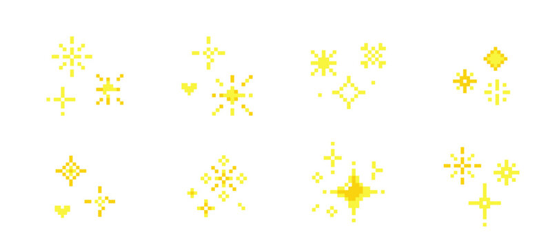 Pixel set sparks, retro game stars, whimsical y2k 8 bit elements. Glittering sparkles, fireworks 90 s aesthetics. Collection Sparkling stars pixel art.