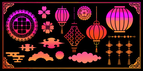 Collection of traditional asian decorative elements including lanterns flowers clouds and ornaments in vibrant gradient colors