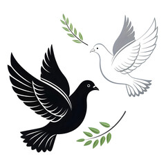 Peace Doves: Flying Black & White Birds with Olive Branches - Unity & Harmony Symbol on transparent background