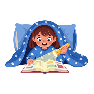 Cute Girl Reading Book Under Blanket with Flashlight Illustration