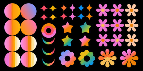 Collection of retro style graphic elements with vibrant gradient colors and textured brush strokes on black background