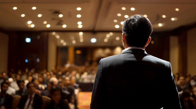 Speaker viewed from the back presenting to a large, darkened audience in a formal conference hall, highlighting public speaking and business events.