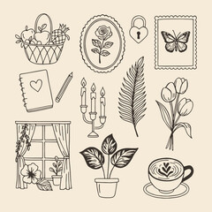 Sketch-style vector of cozy home elements like plants, candles, and mail. Ideal for lifestyle branding, cards, and wall prints.
