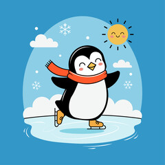 Cute Penguin Ice Skating Winter Cartoon Vector Illustration