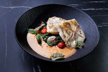 Fish dish: fried cod with spinach and capers in saffron sauce