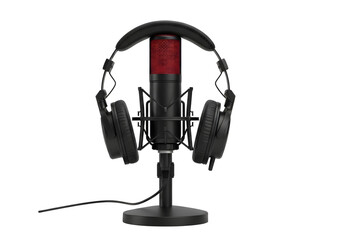 Professional microphone and headphones on a stand isolated on transparent background