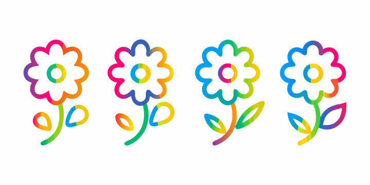 Four colorful line art flowers with rainbow gradient on white background