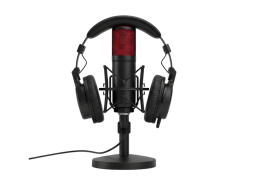 Professional microphone and headphones on a stand isolated on transparent background