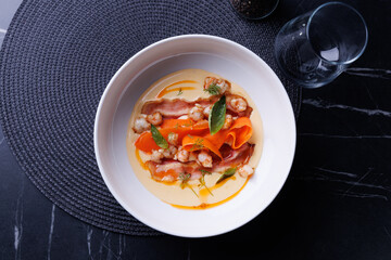 Creamy Shrimp and Bacon Soup with Carrot Ribbons, Herbs, and Delicate Sauce