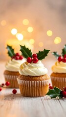 Festive Christmas Cupcakes with Holly Berry Decoration and Creamy Frosting.