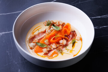 Creamy Shrimp and Bacon Soup with Carrot Ribbons, Herbs, and Delicate Sauce