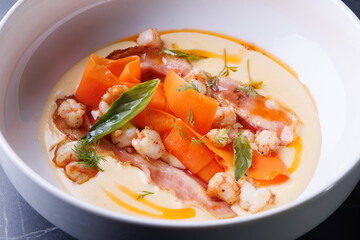 Creamy Shrimp and Bacon Soup with Carrot Ribbons, Herbs, and Delicate Sauce