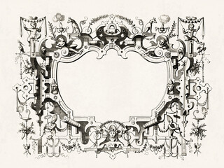 Ornate Renaissance and steampunk frame with surreal decorations set on rustic beige paper background.