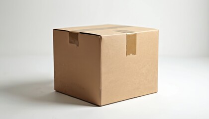 Simple studio photo of an empty cardboard box with closed lid on white background. Package delivery concept. Postal service. Shipping and packing. Package shipping.