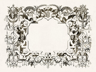 Ornate Renaissance and steampunk frame with surreal decorations set on rustic beige paper background.