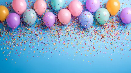 Festive birthday celebration background with colorful balloons, shiny confetti, and bright party decoration elements for cheerful greeting cards and joyful event designs